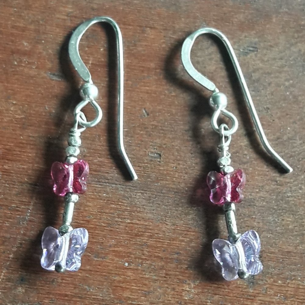 Swarovski Crystal Earrings Pink Butterflies Drop Dangle Butterfly Earring Silver